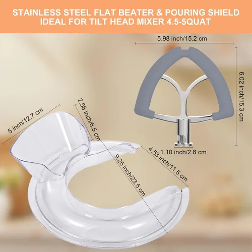 Vista 6 de Stainless Steel Flex Edge Beater with Silicone Edges and Pouring Shield Compatible with KitchenAid 4.5-5QT Mixer Bowl, Beater Paddle Attachment