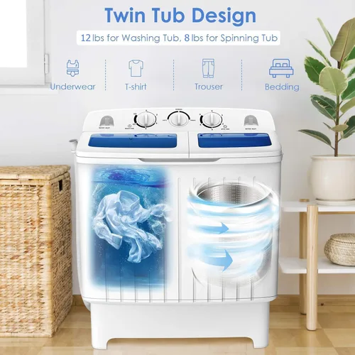 Vista 2 de RELAX4LIFE Lavadora y centrifugadora portátil de 20 libras de capacidad, temporizador, mini lavadora y secadora semiautomática para apartamento