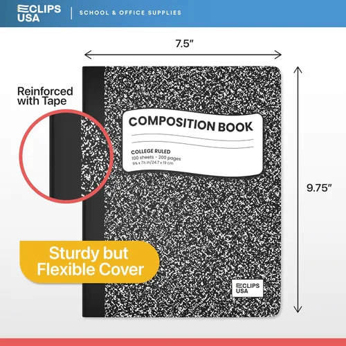Vista 2 de Cuaderno de composición con rayas universitarias, cuaderno de composición de mármol negro a granel con rayas universitarias, tapa dura, 100 hojas