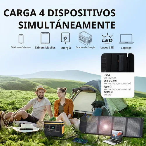 Vista 2 de Panel solar portátil de 60 W, paneles solares plegables de 60 vatios con cargadores QC3.0 USB-A USB-C DC5521, IP67 impermeable, energía