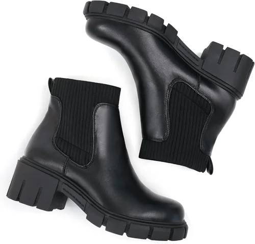 Vista 5 de JABASIC Botas de tobillo gruesas para mujer, botas Chelsea elásticas