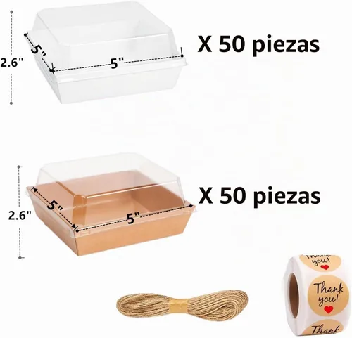 Vista 2 de Paquete de 100 cajas de charcutería con tapas transparentes, recipientes desechables para postres de panadería, cajas para llevar con cordel