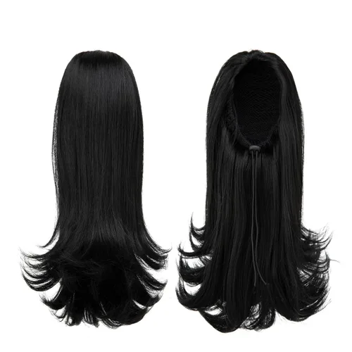 Vista 2 de Extensión de cabello corto negro con cordón para mujeres negras, cola de caballo recta de 14 pulgadas con rizos finales, postizos sintéticos