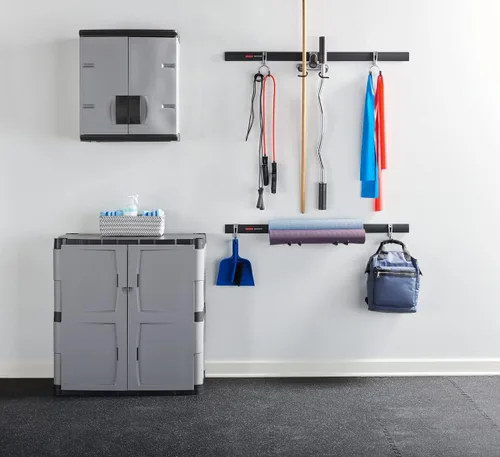 Vista 13 de Rubbermaid Freestanding Storage Cabinet with Doors 18"D x 36"W x 37"H Medium Gray/Black Two-Shelf Lockable Cabinet for Indoor/Outdoor/Garage Storage