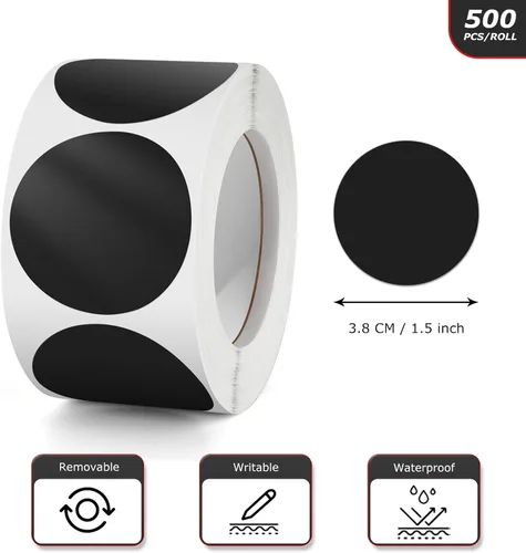 Vista 6 de Calcomanías redondas negras de 1.5 pulgadas con código de color, impermeable, rollo extraíble de 500