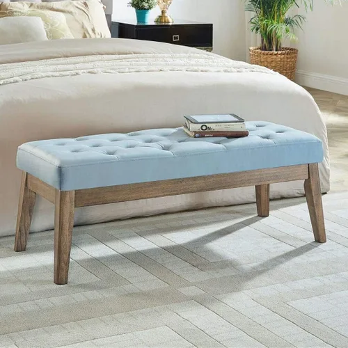 Vista 10 de 24KF Banco de entrada tapizado con botones capitoné de terciopelo con pata de madera maciza, banco de cama otomano con asiento acolchado, 5061N-Negro