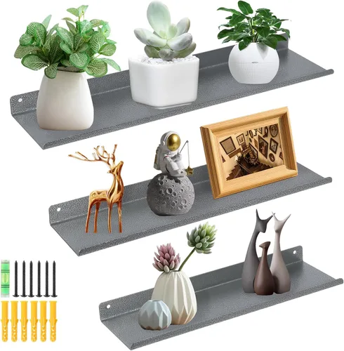 Vista 8 de Uten Estantes flotantes, estantes de hierro para montar en la pared, juego de 3, estantes de hierro para almacenamiento de baño, organizador