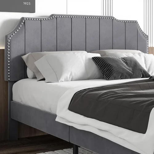 Vista 6 de VECELO Base de cama tapizada de tamaño matrimonial con cabecera ajustable copetuda, base de colchón, soporte de listones de madera, fácil montaje