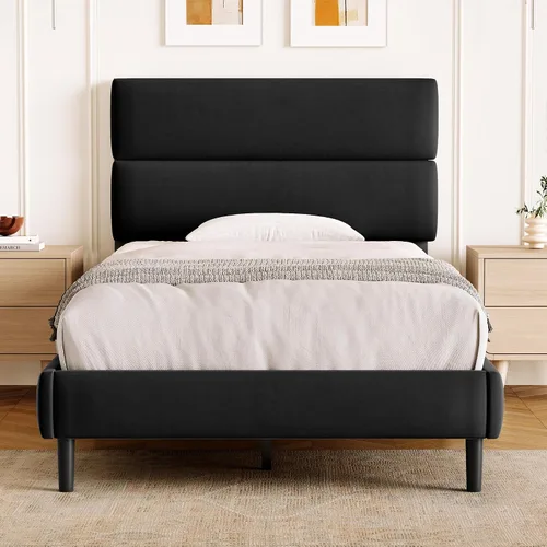 Vista 18 de GRUSIGN Base de cama de plataforma de tamaño individual con cabecera de terciopelo, soporte de listones de madera de altura ajustable, base