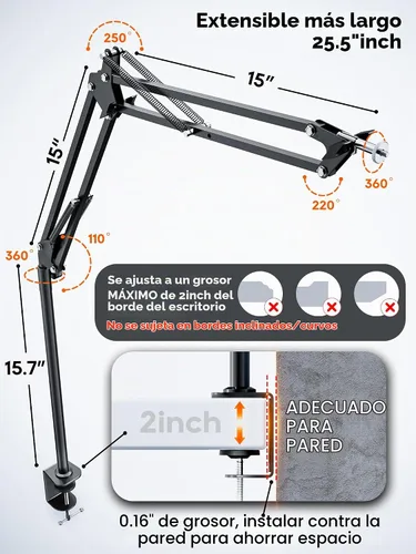 Vista 5 de Soporte de cámara superior, soporte de cámara de escritorio con brazo articulado, capacidad de carga de 5 libras, soporte ajustable de 360°