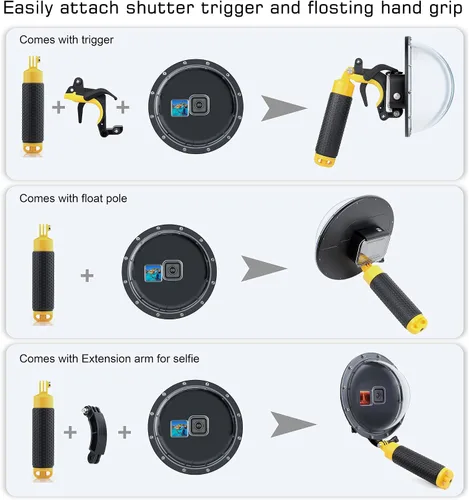 Vista 6 de GEPULY - Puerto domo para GoPro Hero 9, 10, 11, 12, 13 Black, carcasa de puerto domo impermeable subacuática + agarre flotante + accesorios