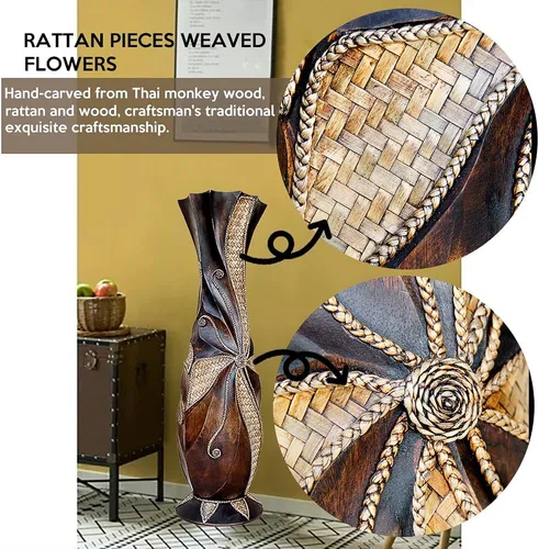 Vista 3 de Jarrón alto de suelo de 24 pulgadas, diseño hecho a mano, grandes jarrones decorativos de madera marrón con tiras de bambú tejidas, jarrón