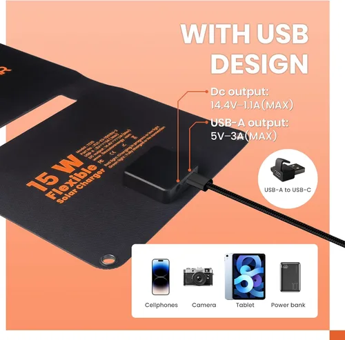 Vista 6 de FlexSolar Kits de mantenimiento de cargador de goteo de panel solar plegable de 15 W, salida USB y CC de 12 V con controlador integrado, incluye