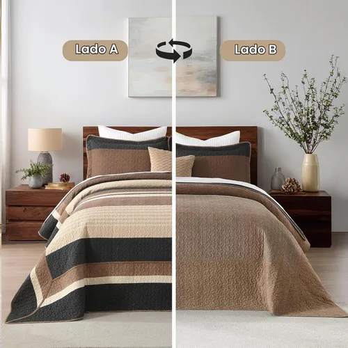 Vista 7 de Finlonte Colcha tamaño Queen, 100% algodón, cubrecamas de gran tamaño, tamaño Queen, color marrón carbón, beige, acolchado, a rayas, estilo granja