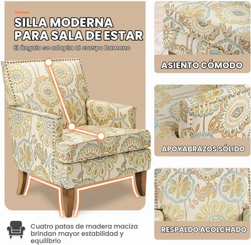 Vista 6 de Sofá con acento floral, silla con respaldo alado, cómoda silla de club, silla individual tapizada con brazos de lectura para sala de estar