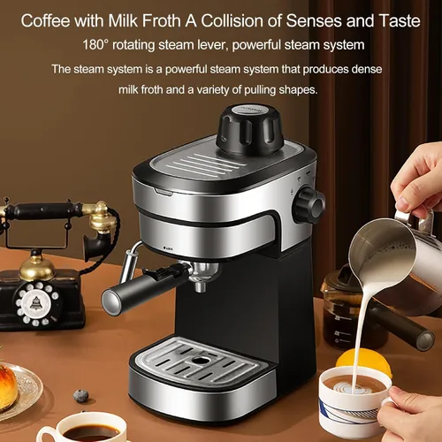 Vista 4 de Máquinas de capuchino para el hogar, máquina de café expreso, cafetera retro, con función de espuma de leche, bomba de presión de 5 bares, con área