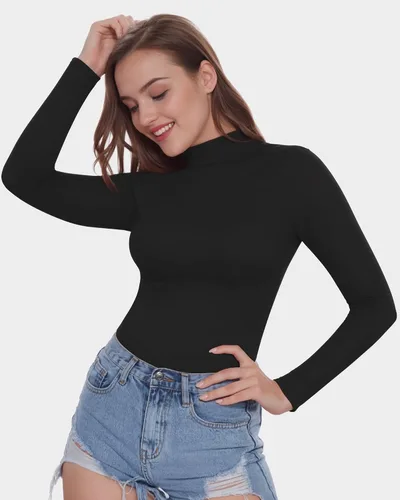 Vista 4 de MANGOPOP Women's Mock Turtle Neck Fleece Lined Long Sleeve Thermal Underwear T Shirt Tops Tee