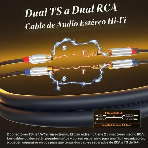 Vista 5 de Tisino Cable RCA a 1/4, Cable de Interconexión de Audio Estéreo TS de RCA Dual a 1/4 Pulgada Dual - 3.3 Pies