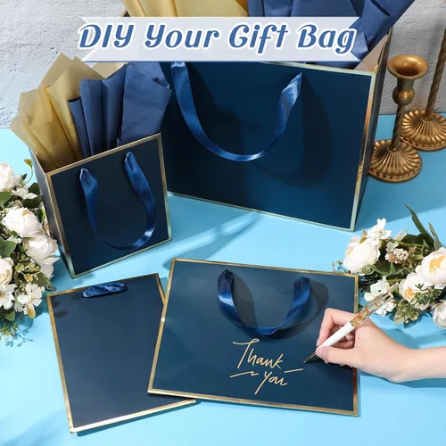 Vista 4 de Yeaqee 12 bolsas de regalo de papel metálico con asa, tamaño surtido, incluye 8, 10, 13 pulgadas, bolsa de regalo de agradecimiento de 5 sentidos