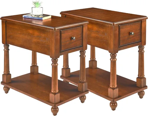 Vista 16 de Mesa auxiliar estrecha de madera maciza con cajón, mesa auxiliar de sofá con estantes de almacenamiento, mesa auxiliar delgada, teléfono