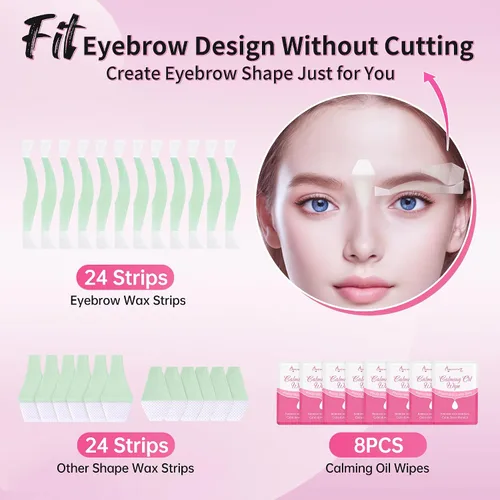 Vista 4 de Beauty7 Kit de tiras de cera para piel sensible, depilación facial para cejas, labios, 24 tiras y 4 toallitas de aceite calmantes, depilación