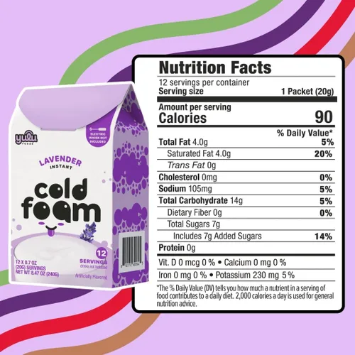 Vista 8 de YULU FOODS Palitos de espuma fría instantánea de lavanda (12 porciones, 8.47 oz) Espuma fría floral sin lácteos para café helado, té y matcha