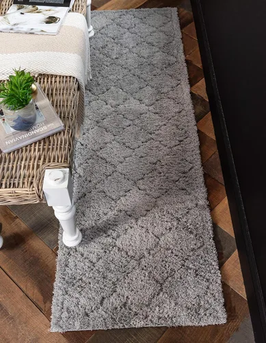 Vista 4 de Unique Loom Trellis Shag Collection - Alfombra de pasillo geométrica, moderna, marroquí, celosía, gris (2 x 7 pies)