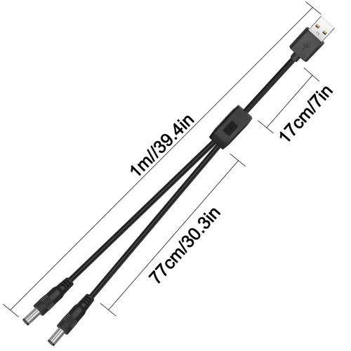 Vista 7 de 2 cables de alimentación USB a DC5521 de 5 V USB a DC5521 cable de carga divisor en Y, cable de carga de 5 V 2.5 A USB A macho a doble CC de 0.217 x