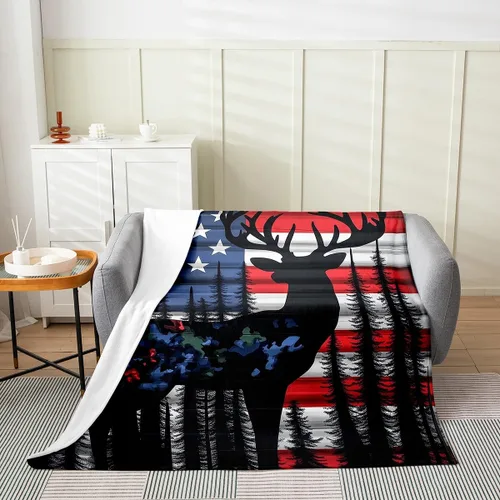 Vista 2 de Erosebridal American Flag Throw Blanket 40x50 Inch Sofa Bed Couch Decor,Rustic Deer Hunting Fleece Blanket for Kids Boys Girls,Farmhouse Cabin Bed