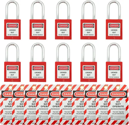 Vista 8 de SAFBY Loto - 7 candados de bloqueo diferentes con llave con 10 etiquetas de bloqueo, candados seguros para estaciones y dispositivos con 7 números
