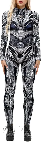 Vista 20 de Enterizo de mujer con estampado de esqueleto de robot mecánico 3D para Halloween, disfraz de cosplay
