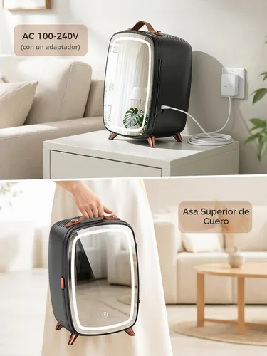 Vista 7 de COWSAR Mini refrigerador para dormitorio con espejo de luz LED regulable, refrigerador para el cuidado de la piel de 6 litros/8 latas con mango Negro