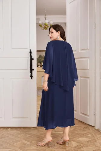 Vista 2 de Hanna Nikole Vestido de fiesta de noche de gasa con cuello en V para mujer, talla grande, manga capa, maxi vestidos para invitados de boda