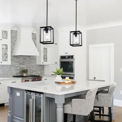 Vista 4 de Paquete de 1 lámpara colgante de isla de cocina negra de granja, altura ajustable, barra de metal colgante moderna con jaula de metal, pantalla