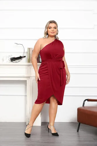 Vista 6 de Hanna Nikole Vestidos de fiesta ajustados de un hombro para mujer, talla grande, con dobladillo envolvente con purpurina, con cinturón, vestido midi