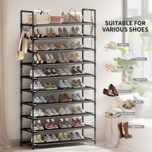 Vista 8 de Zapatero, organizador de almacenamiento de zapatos de 10 niveles con ganchos, se adapta a 40-45 pares de zapatos, estante alto de metal