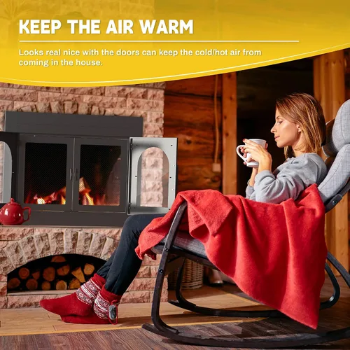 Vista 4 de TOCRETOARE Puerta de chimenea, puertas de lugares de fuego con pantalla y decoración de vidrio, protector de malla de hierro para chimeneas