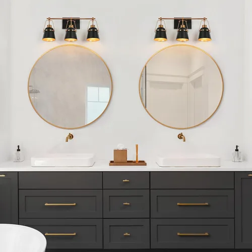 Vista 4 de Lámparas de baño de oro negro, modernas luces de tocador de granja sobre el espejo, 3 luces de cobre dorado con pantalla de metal y artesanía Negro