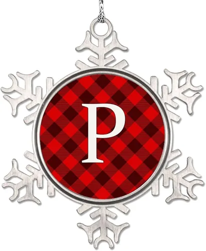 Vista 23 de Adorno de copo de nieve de letra A con inicial de copo de nieve, adorno de monograma a cuadros rojos para decoración de árbol de Navidad, adornos