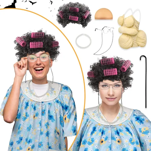 Vista 5 de Yaomiao Juego de 8 piezas de disfraz de anciana para mujer, trajes de abuela, trajes de vestido de manga corta, túnica de abuelita, peluca con muleta