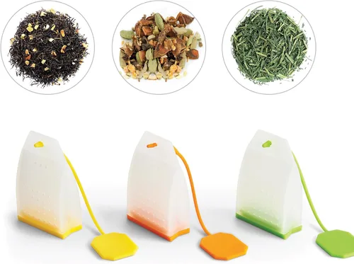Vista 16 de HIC Kitchen Infusor de té Leaf con bandeja de goteo, té de hierbas de hojas sueltas, acero inoxidable 18/8 y silicona, juego de 2