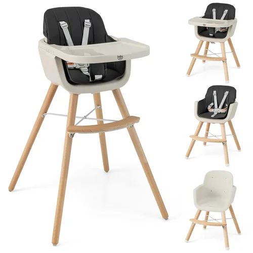 Vista 12 de BABY JOY Trona convertible para bebé, 3 en 1, silla alta de madera/asiento elevador/silla con bandeja extraíble, patas ajustables, arnés de 5 Beige