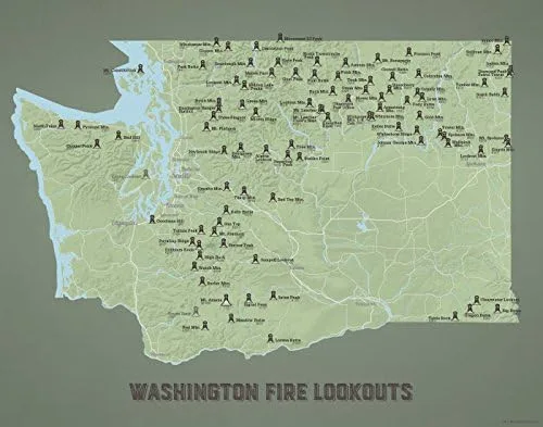 Vista 3 de Mapa de miradores de incendios de Washington, 11 x 14 pulgadas, estampado (verde y amarillo)