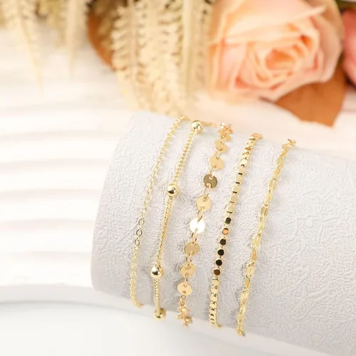 Vista 6 de LEXODY Pulseras de oro para mujer, juego de pulseras de espiga de oro de 14 quilates, delicadas joyas de espiga apilables, cadena fígaro, cadena