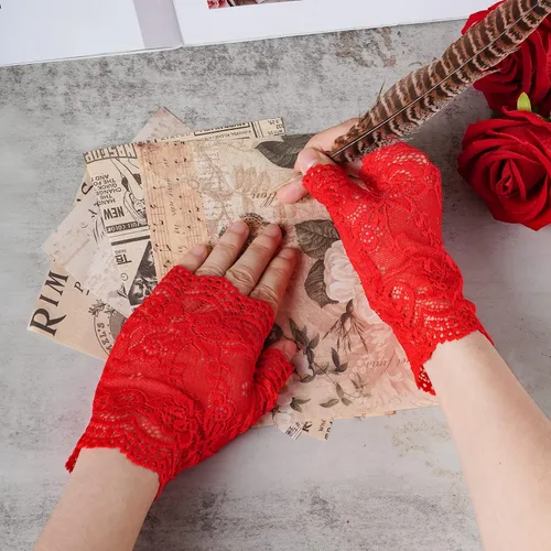 Vista 6 de obmwang 2 pares de guantes de encaje para mujer, guantes florales sin dedos, guantes de graduación para boda, fiesta, accesorios de disfraces