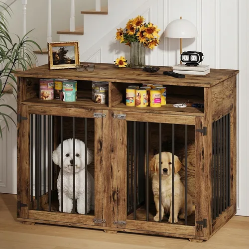 Vista 10 de Jaula para perros de 72 pulgadas para 2 perros, jaula de madera para perros con compartimento de almacenamiento, perrera de interior con 4 puertas