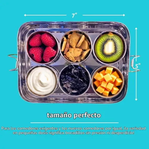 Vista 2 de Caja Bento reutilizable de acero inoxidable: 6 recipientes de 1.7 fl oz incluidos Sin plástico Apto para lavavajillas Sin derrames, a prueba