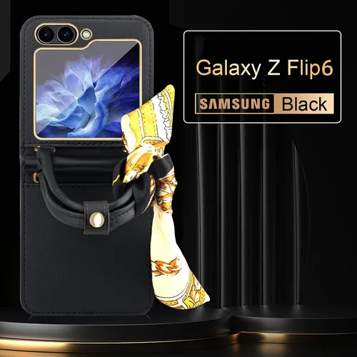 Vista 2 de Funda de cuero prémium para Galaxy Z Flip 6 con agarre de mano y bufanda de seda con correa de muñeca para mujer, funda Z Flip6 con protector