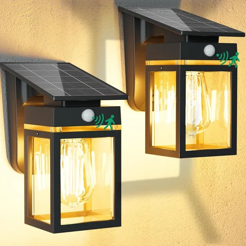 Vista 12 de Luces Solares de Porch al Aire Libre, del Anochecer al Amanecer y Luz de Pared con Sensor de Movimiento con Forma de Linterna, 3 Modos IP65