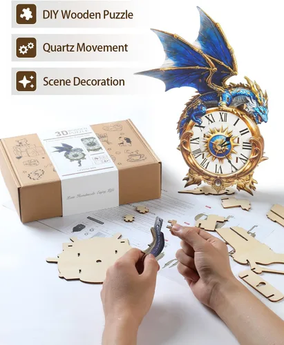 Vista 4 de Rompecabezas de madera 3D para adultos, kit de modelo de reloj de dragón azul con péndulo, rompecabezas 3D para adultos, kit de reloj de pared DIY